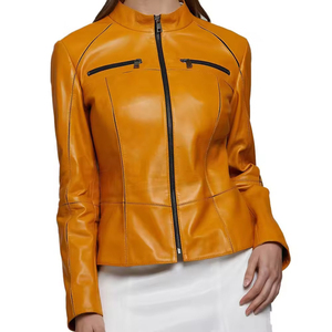 Women's Genuine Leather Moto <b>Jacket</b> Stand Collar Full Sleeve Zipper Closure Autumn Solid Color <b>Biker</b> <b>Jacket</b> Short Length - Product Image 1