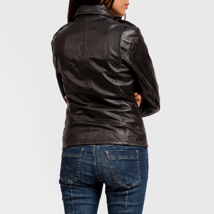 Veste moto en cuir véritable pour femme, manches longues, fermeture éclair, col montant, couleur unie, style automne - Product Image 3