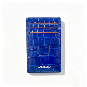 [Top Ranking] Castello Cowhide Croco Embossed Leather <b>Slim</b> <b>Card</b> Case <b>Holder</b> Wallet Open Polyester Black Navy Red Green - Product Image 1