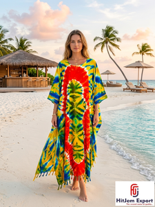 Vestido Kaftán Tie Dye HitJem para Exportación, Cuello Redondo, Manga Larga, Holgado, Largo hasta el Suelo, Estilo Bohemio, para Playa, Verano, de Gasa, para Mujer - Product Image 5