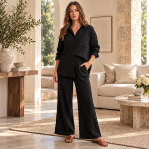 Black <b>Linen</b> Blend Co Ord <b>Set</b> Long Sleeve Button Down Shirt Wide Leg Pants Elastic Waist Casual Two Piece Outfit|Relaxed Everyday - Product Image 2