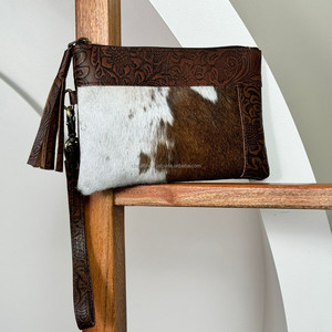 OEM Hair on Cowhide Embossed Leather Wristlet & Tassel Pouch Premium Quality Handmade Floral Leather Western Ladies <b>Purse</b> Wallet - Product Image 5