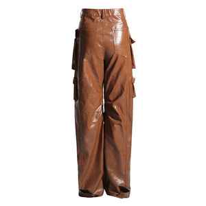 High Waist Plus Size Cargo Pants <b>Women</b> Loose Fit Full Length Utility Style With Multiple Pockets Solid Color PU Coated Wear - Product Image 5