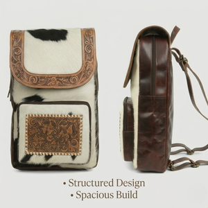 Mochila de Cuero Vacuno Hecha a Mano |   Bolsa de Viaje de Cuero Genuino con Pelo, en Blanco y Negro |   Mochilas de Diseño Estilo Occidental - Product Image 2