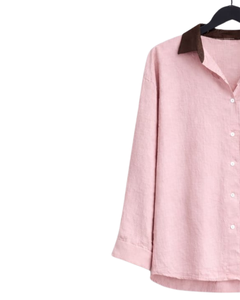 Women Pink Shirt And Brown Wide Leg <b>Pants</b> Two Piece Set Casual Cotton Linen Summer Outfit Custom OEM Clothing Manufacturer - Product Image 3