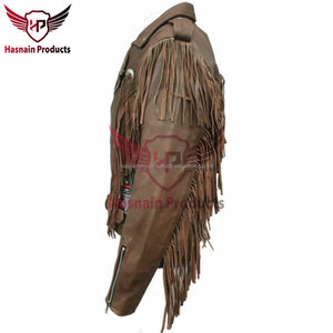 Chaqueta de Cuero Genuino de Cordero Marrón para Hombre, Estilo Occidental del Medio Oeste, Chaqueta con Flecos para Motociclista, Aspecto Vintage Hecho a Mano - Product Image 3