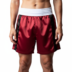 Shorts de boxe rouges pour hommes avec ceinture élastique blanche et bandes latérales noires, vêtements de sport confortables en polyester - Product Image 1