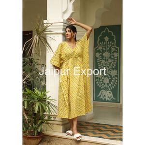 Caftan fait à la main vêtements pour femmes robe jaune imprimé fleuri long coton caftan grande taille vêtements pour femmes caftan tenue décontracté - Product Image 4
