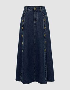 High Waisted A-Line Denim Midi Skirt Women Solid Dark Wash Button Front Casual Style - Product Image 2