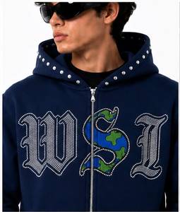 Sweat à capuche oversize pour homme, bleu marine, broderie de chaîne, logo WSI, style streetwear, polaire, 100% coton, imperméable, coupe-vent, automne - Product Image 2