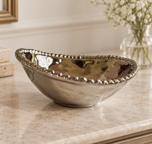 Cuenco decorativo ovalado con borde de cuentas plateadas, cuenco decorativo con borde ondulado, plato de servir decorativo, mesa clásica - Product Image 1