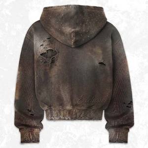 370Gsm Oversized Heavyweight Vintage Sun Faded Zip up <b>Hoodie</b> Distressed Rhinestone Graphic Print Streetwear Men's Hoodies - Product Image 2