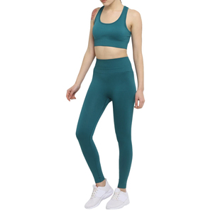 Teal Seamless Breathable Yoga Set High Waist Leggings Crop Top Racerback Sportwear Women Full Length Solid Color - Product Image 5