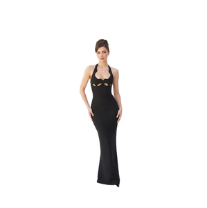 Robe de soirée élégante moulante longue à col licou avec découpes, en maille noire unie, respirante, pour femme, été/printemps - Product Image 4