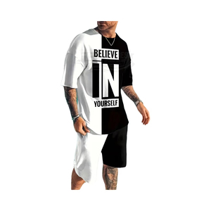 Men's 2-piece Solid <b>Knitted</b> Short Sleeve T-shirt and Shorts <b>Set</b> for Summer Casual Outdoor and Vacation Wear OEM Service - Product Image 1