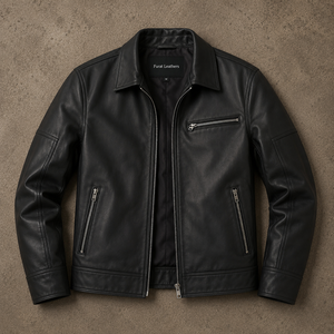 Chaqueta de Cuero Genuino Negra para Hombre, Estilo Motero, Cuello Alto, Cierre de Cremallera, Diseño con Capucha, Tela Transpirable, Color Sólido, Casual, Invierno - Product Image 1