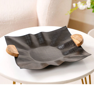 Metal <b>Black</b> Textured Serving Tray Features A Wavy Edge Design With Wooden Handles Creating A Stunning Accent Piece For Home - Product Image 1