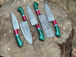 Custom Handmade Five-Piece Chef <b>Set</b> in Damascus Steel with Resin Handles Durable & <b>Sharp</b> Blades Ambidextrous Design Leather Bag - Product Image 5