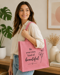 Pink Jute Shopping <b>Bag</b> Be Your Own Kind Of Beautiful Floral Design <b>Medium</b> <b>Size</b> Daily Use Tote Handle - Product Image 4