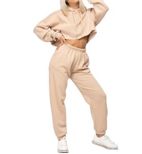 Women Polyester Short O-Neck <b>Crop</b> Hoodie Set <b>Grey</b> Washed Sports Wear Plus Size Winter Tracksuits - Product Image 1