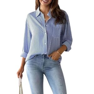 Camisa de Mujer, Corte Clásico, Estampado a Rayas Azul y Blanco, Polialgodón, Manga Larga, Cuello Mao, Largo Estándar, Cierre de Botones - Product Image 1