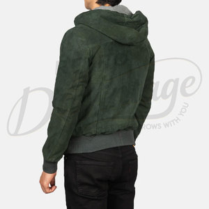 Blouson bomber en daim véritable vert forêt pour homme avec doublure grise contrastante, poignets côtelés et fermeture éclair - Product Image 6