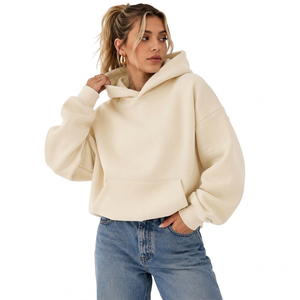 Sweat à capuche oversize crème pour femme, 100 % coton molletonné, épaules tombantes, coupe courte, couleur unie, pull décontracté avec poches - Product Image 1