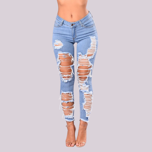 Jean en denim premium taille haute déchiré pour femme, coupe skinny, délavage foncé, super extensible, respirant, en coton, sexy, dernière tendance - Product Image 3