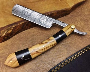 Navaja de Afeitar Profesional de Acero de Damasco, Plegable y Recta, con Mango de Madera para Afeitado en Húmedo y Cuidado Facial - Product Image 4