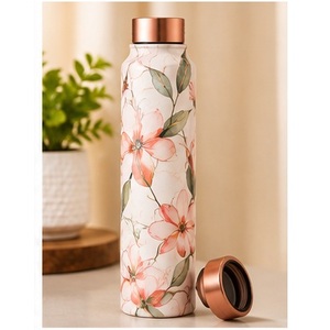Bouteille d'eau en cuivre avec motif floral noir, gourde de voyage portable, bouteille d'eau à motif de feuilles monochrome - Product Image 2