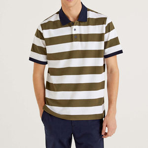 Polo de Manga Corta a Rayas para Hombre, de Algodón Tejido, Estilo Casual, Cuello Blanco, Verde Oliva y Azul Marino - Product Image 2