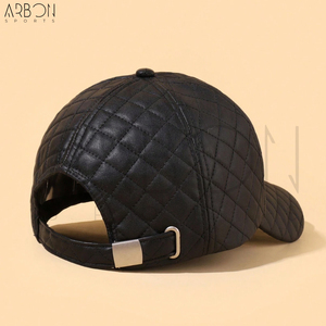 Premium Black Quilted Stylish Diamond Pattern Fashionable Streetwear Outdoor Casual Adjustable <b>Waterproof</b> Pu Leather <b>Caps</b> - Product Image 3