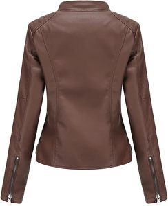 Chaqueta de Motociclista de Cuero PU Marrón para Mujer, Manga Larga, Cuello Alto, Cierre de Cremallera, Estilo Otoñal, Resistente al Viento - Product Image 2