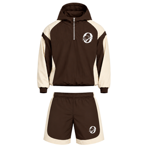 Mens Brown Neutral Colorblock Nylon <b>Hoodie</b> Shorts Set Lightweight Quarter Zip Athletic <b>Running</b> Training Casual Sportswear - Product Image 1