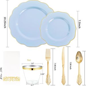 175 pièces de kits de fournitures de fête jetables, assiettes en plastique bleues, couverts dorés et argentés, y compris 50 assiettes en plastique bleu clair et dorées, 25 couteaux - Product Image 2