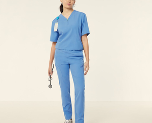 Ensemble de blouses médicales bleues pour femmes, en coton et polyester tissé, pantalon et haut à col en V, manches courtes - Product Image 1