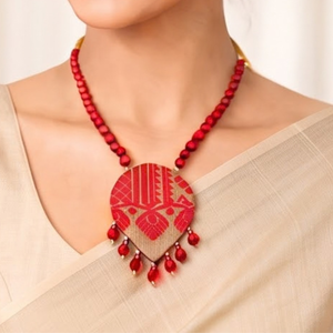 Traditional Red Muga Silk Necklace <b>Set</b> with Handcrafted Pendant and Matching Earrings | <b>Indian</b> Ethnic <b>Jewellery</b> with Floral Moti - Product Image 2
