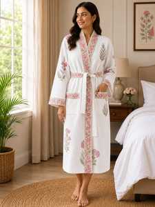 Bata de Baño Maxi Blanca de Verano con Bordado Floral, Transpirable, 100% Algodón Waffle, Cuello en V, con Cinturón, Estilo Casual, Dulce y Vintage para el Hogar - Product Image 2