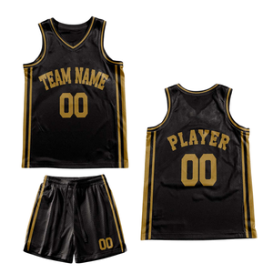 Ensemble d'uniformes de basket-ball personnalisés noirs style rétro avec texte doré, bordure dorée, maillot et short, design rétro avec nom et numéro d'équipe - Product Image 2