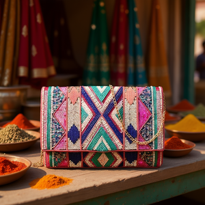 Sac à main décontracté indien fait main de luxe avec accessoires de mode en cristal, poignée perlée multicolore et style local durable - Product Image 3