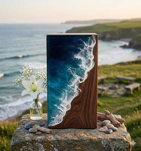 Ocean Wave Resin Urn Wooden <b>Memorial</b> Keepsake Cremation Urn <b>Box</b> Natural Wood Finish Blue Wave Decor - Product Image 2