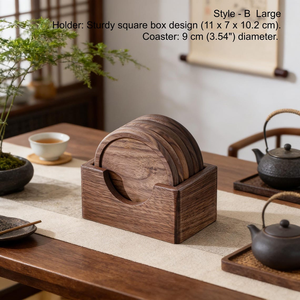 Solid Walnut Wood Coaster <b>Set</b> of <b>6</b> with Holder Modern Round Drink Coasters Minimalist Tabletop Protector for Coffee Cups <b>Mugs</b> - Product Image 6