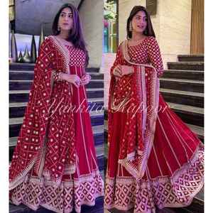 VESTIDO DE TRABAJO BORDADO GEORGETTE A LA MODA CON DUPATTA ROJO - Product Image 1