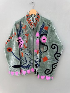 Sage Green Velvet <b>Jacket</b> Handcrafted Artisanal Winter Wear Bohemian Style Luxury Outerwear For Women - Product Image 3