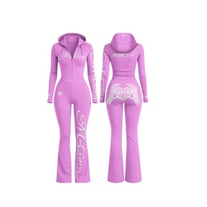 Women Hooded Full Zip <b>Tracksuit</b> <b>Set</b> Light Blue <b>Pink</b> Print Eco-Friendly Breathable Skinny Fit Long Sleeve Winter Outdoor Wear - Product Image 6