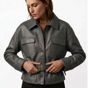 Chaqueta Bomber de Piel de Oveja Genuina para Mujer, Cuello Camisero, Manga Larga, con Cinturón, Estilo Motociclista, para Invierno - Product Image 5