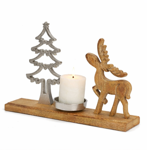 Support de bougie de Noël fait main en forme de renne et d'arbre avec base en bois de manguier naturel et support de bougie chauffe-plat festif en aluminium argenté de qualité supérieure - Product Image 5