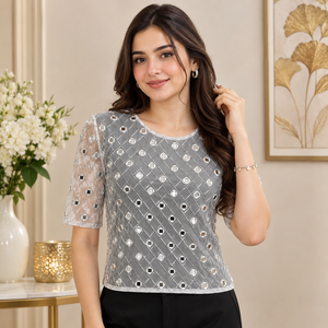 Women White <b>Mirror</b> Work Mesh Top Embellished Round Neck Half Sleeve Party Blouse Handmade Sequin Designer Evening Fashion Wear - Product Image 2