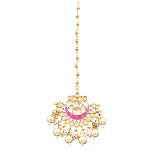 Joyería artesanal Kundan Tikka para la frente con esmalte rosa y perlas, tocado étnico nupcial para boda - Product Image 3