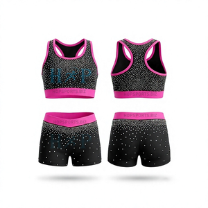 Ensemble de vêtements d'entraînement pour cheerleading/danse avec strass, noir et rose, soutien-gorge et short scintillants, vêtements d'entraînement pour cheerleading - Product Image 1